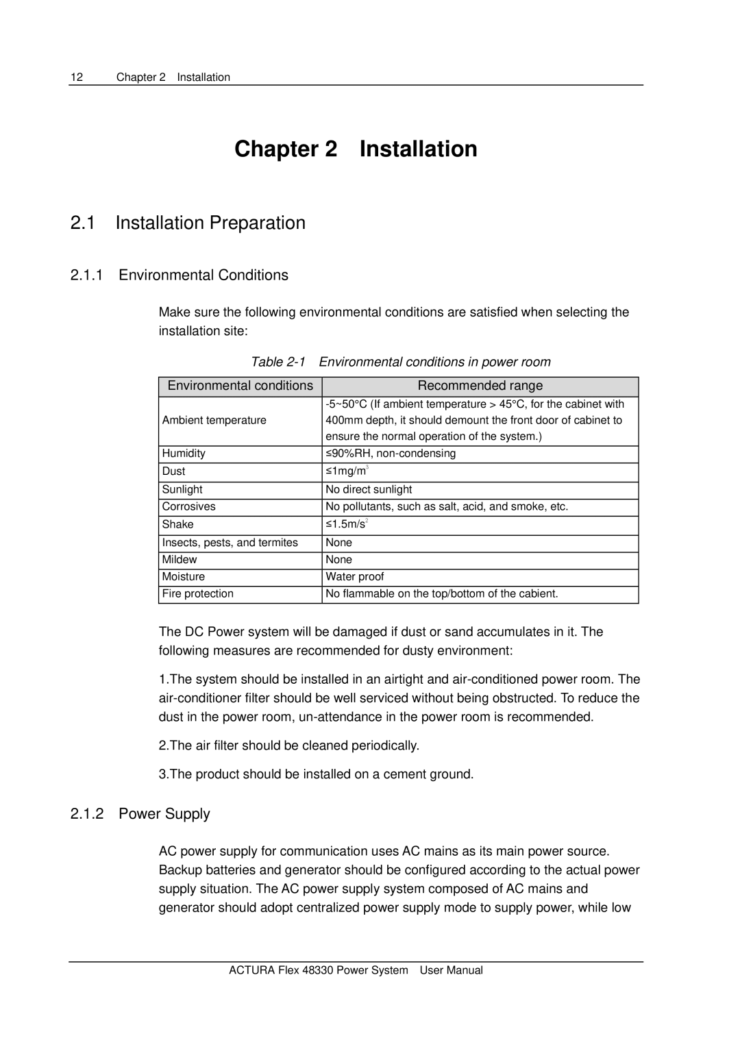 Emerson 48330 Installation Preparation, Environmental Conditions, Power Supply, Environmental conditions in power room 