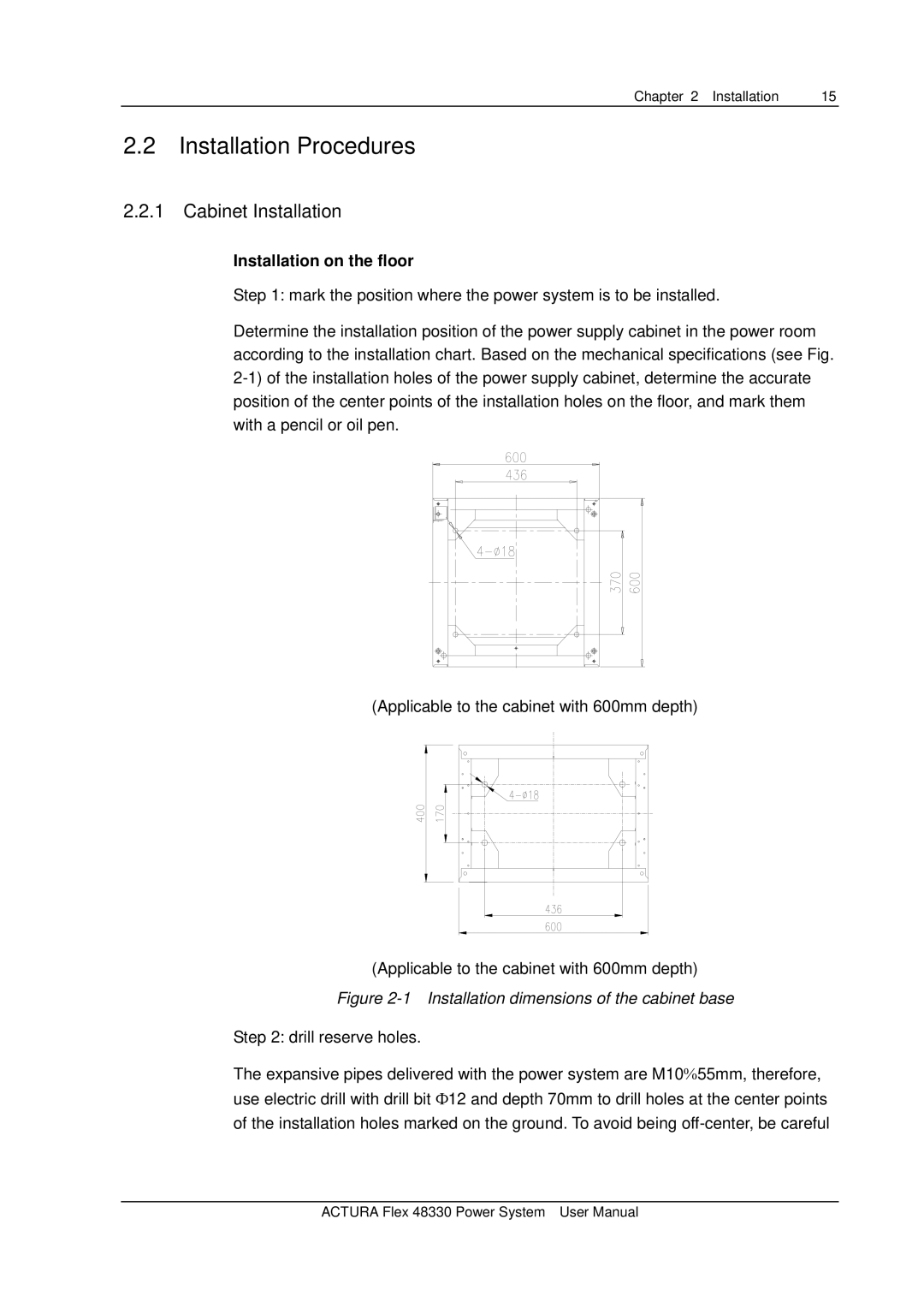 Emerson 48330 user manual Installation Procedures, Cabinet Installation, Installation on the floor, Drill reserve holes 