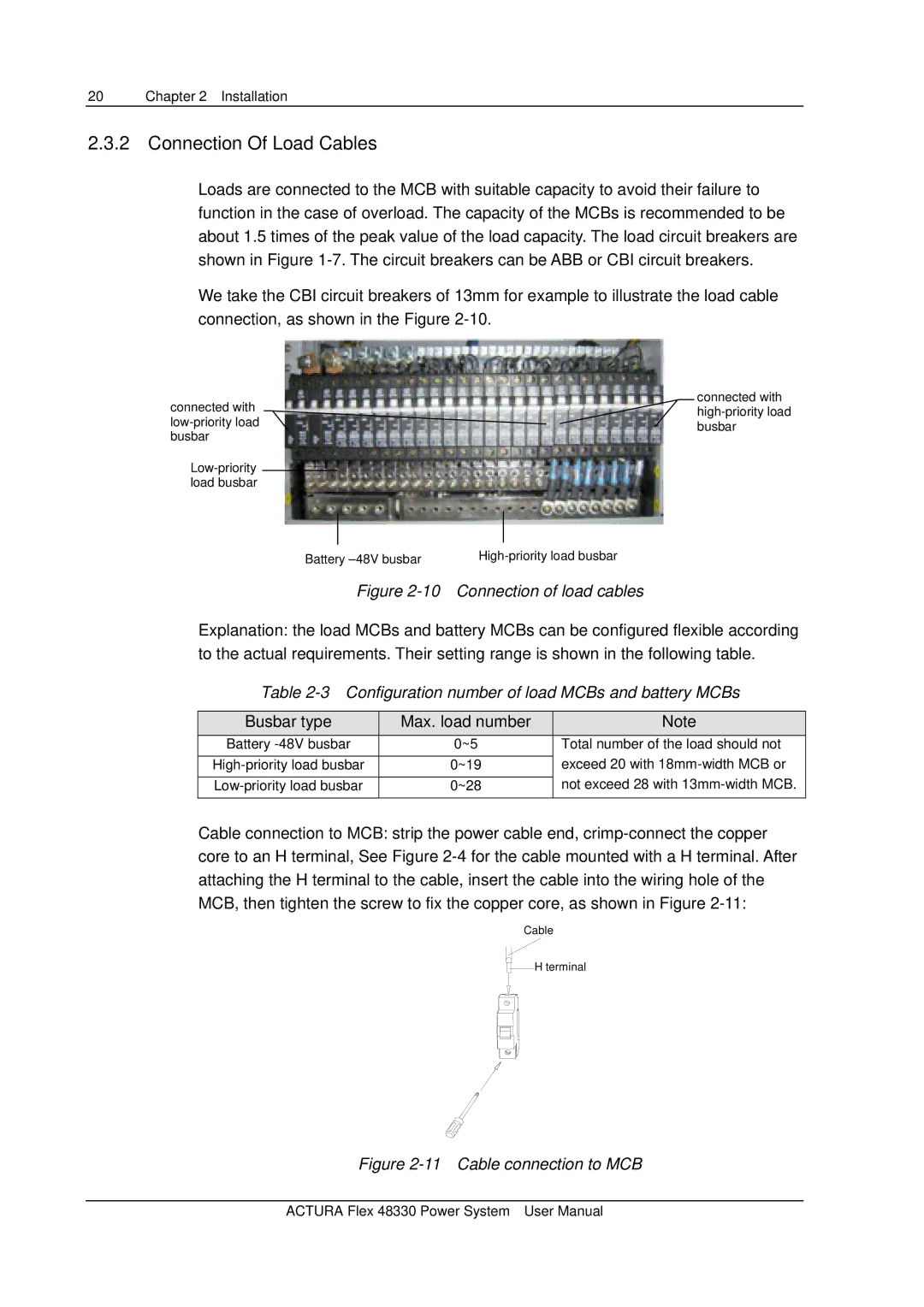 Emerson 48330 Connection Of Load Cables, Configuration number of load MCBs and battery MCBs, Busbar type Max. load number 