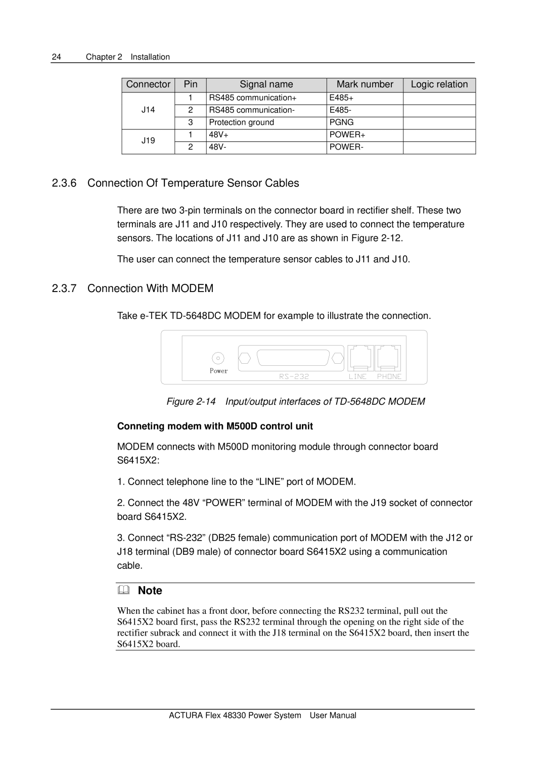 Emerson 48330 Connection Of Temperature Sensor Cables, Connection With Modem, Connector Pin Signal name, Pgng POWER+ Power 