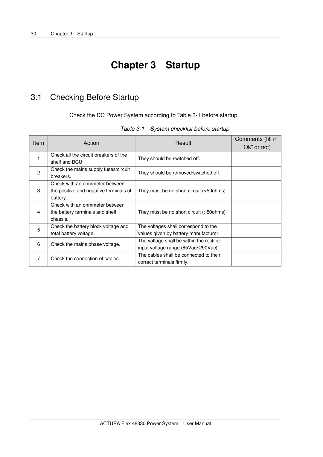 Emerson 48330 user manual Checking Before Startup, Check the DC Power System according to -1 before startup 