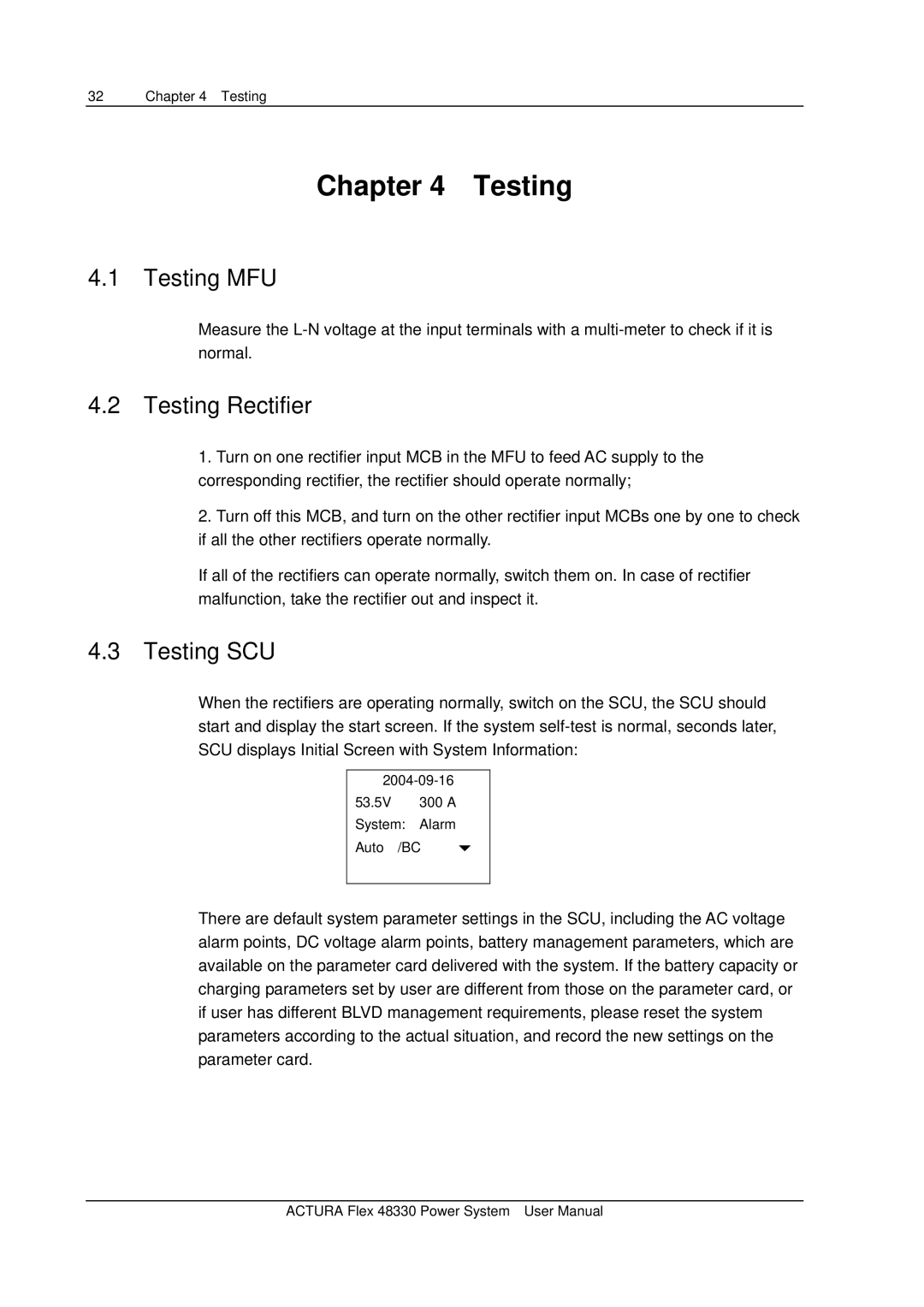 Emerson 48330 user manual Testing MFU, Testing Rectifier, Testing SCU 