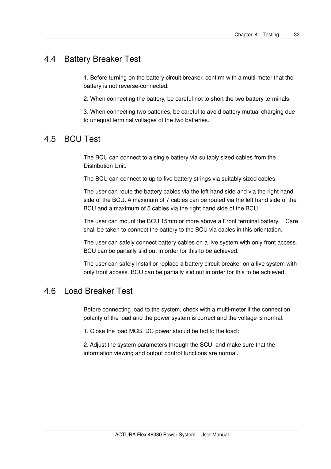 Emerson 48330 user manual Battery Breaker Test, BCU Test, Load Breaker Test 