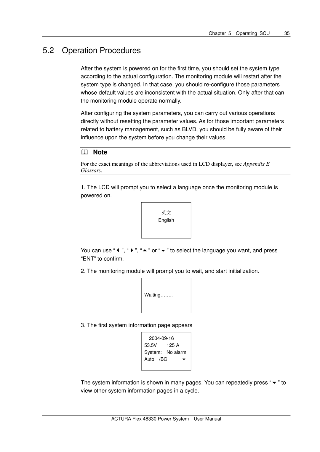 Emerson 48330 user manual Operation Procedures, First system information page appears 