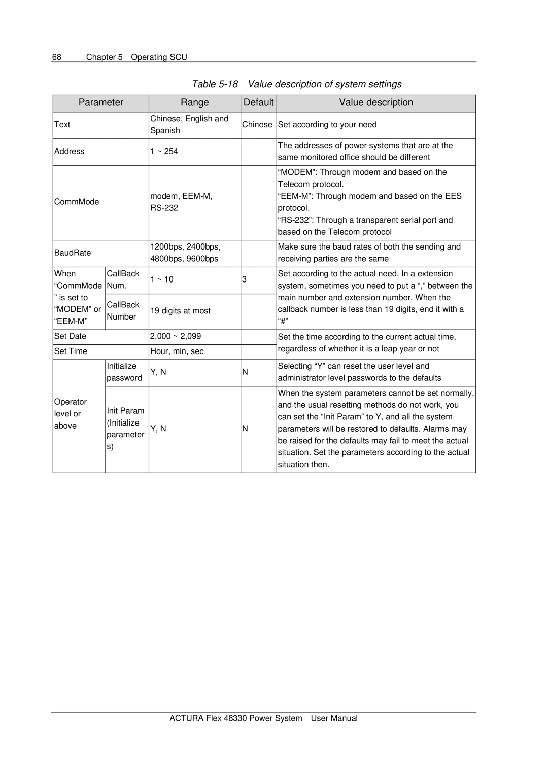 Emerson 48330 user manual Value description of system settings, Eem-M 