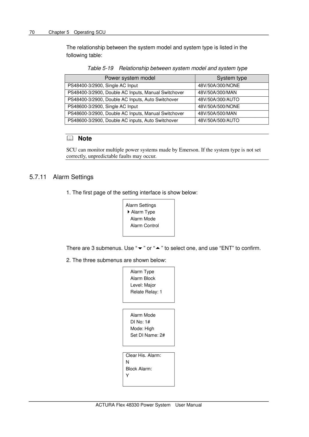 Emerson 48330 user manual Alarm Settings, Relationship between system model and system type, Power system model System type 