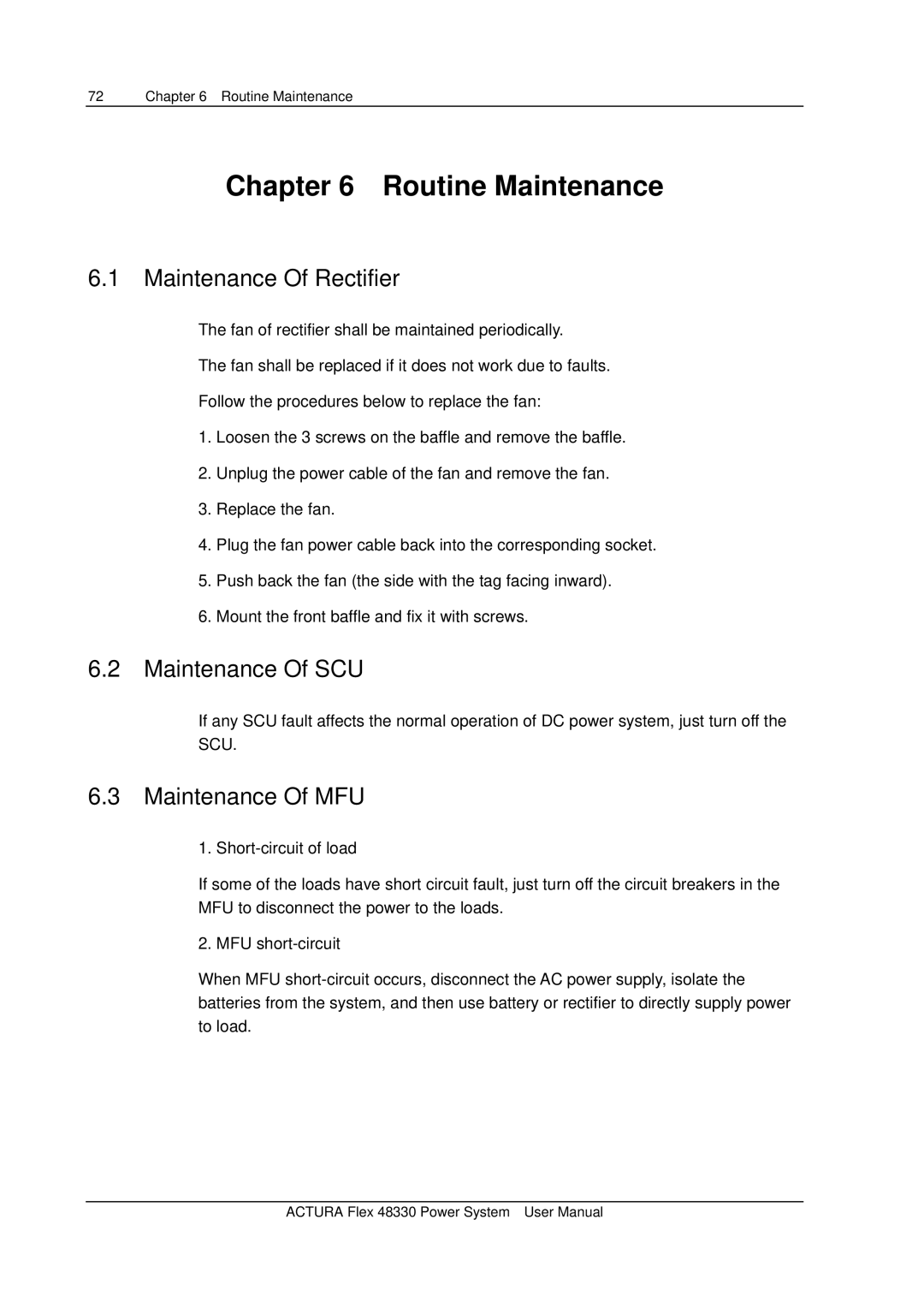 Emerson 48330 user manual Routine Maintenance, Maintenance Of Rectifier, Maintenance Of SCU, Maintenance Of MFU 