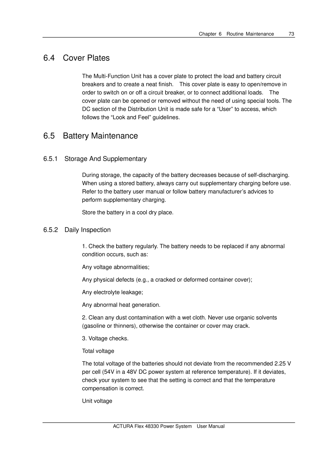 Emerson 48330 user manual Cover Plates, Battery Maintenance, Storage And Supplementary, Daily Inspection 