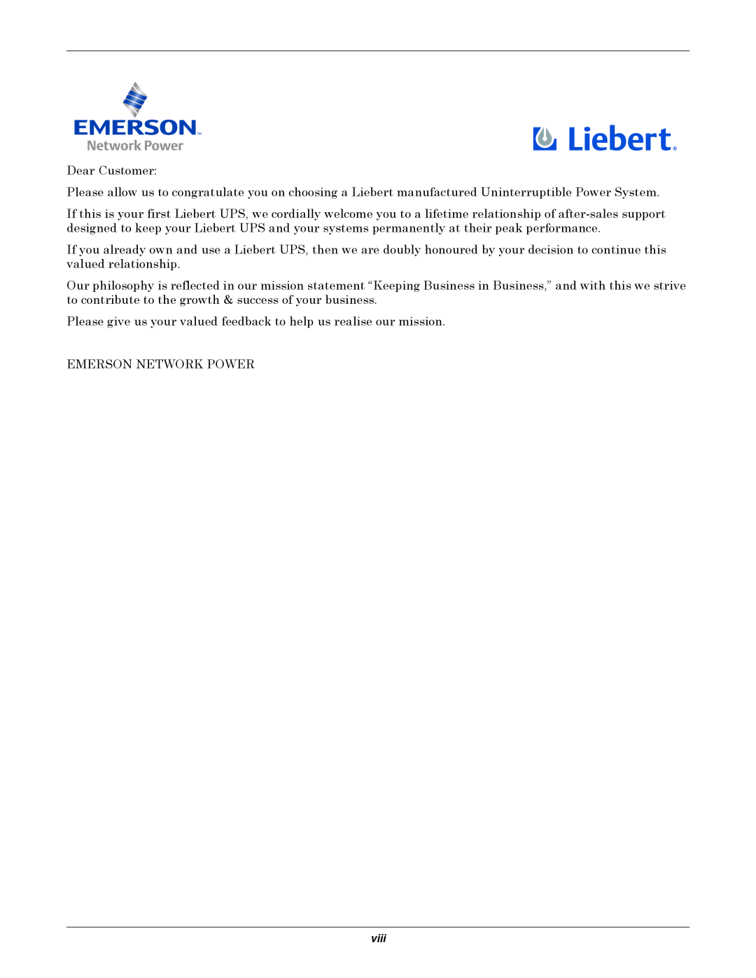 Emerson 400V, 50 and 60 Hz, 30-200kVA user manual Dear Customer 