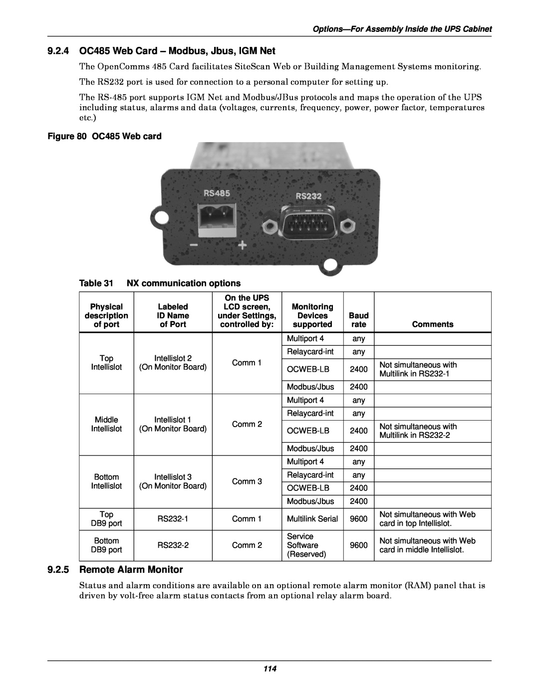 Emerson 50 and 60 Hz, 400V, 30-200kVA user manual 9.2.4 OC485 Web Card - Modbus, Jbus, IGM Net, Remote Alarm Monitor 