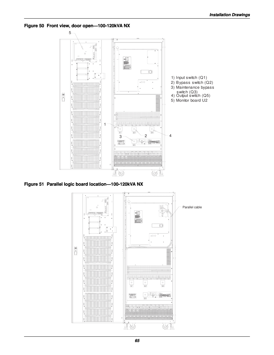Emerson 30-200kVA Front view, door open-100-120kVA NX, Parallel logic board location-100-120kVA NX, Installation Drawings 