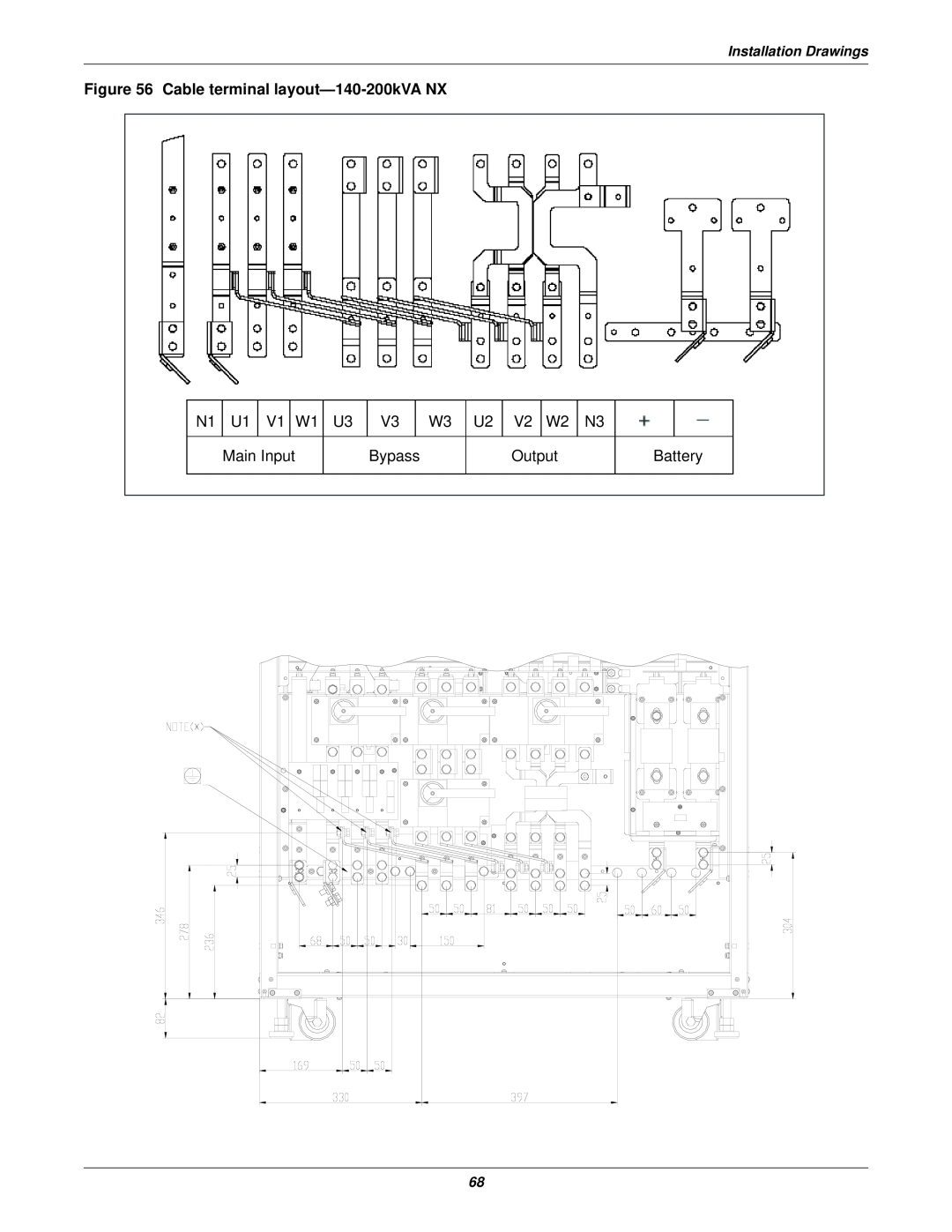 Emerson 30-200kVA, 400V Cable terminal layout-140-200kVA NX, N1 U1 V1 W1 Main Input, V3 Bypass, U2 V2 W2 N3 OutputBattery 