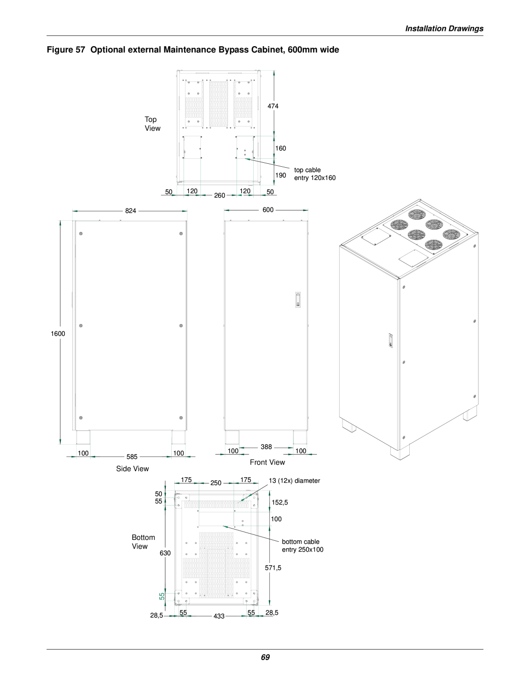 Emerson 50 and 60 Hz Optional external Maintenance Bypass Cabinet, 600mm wide, Installation Drawings, Top View, Bottom 