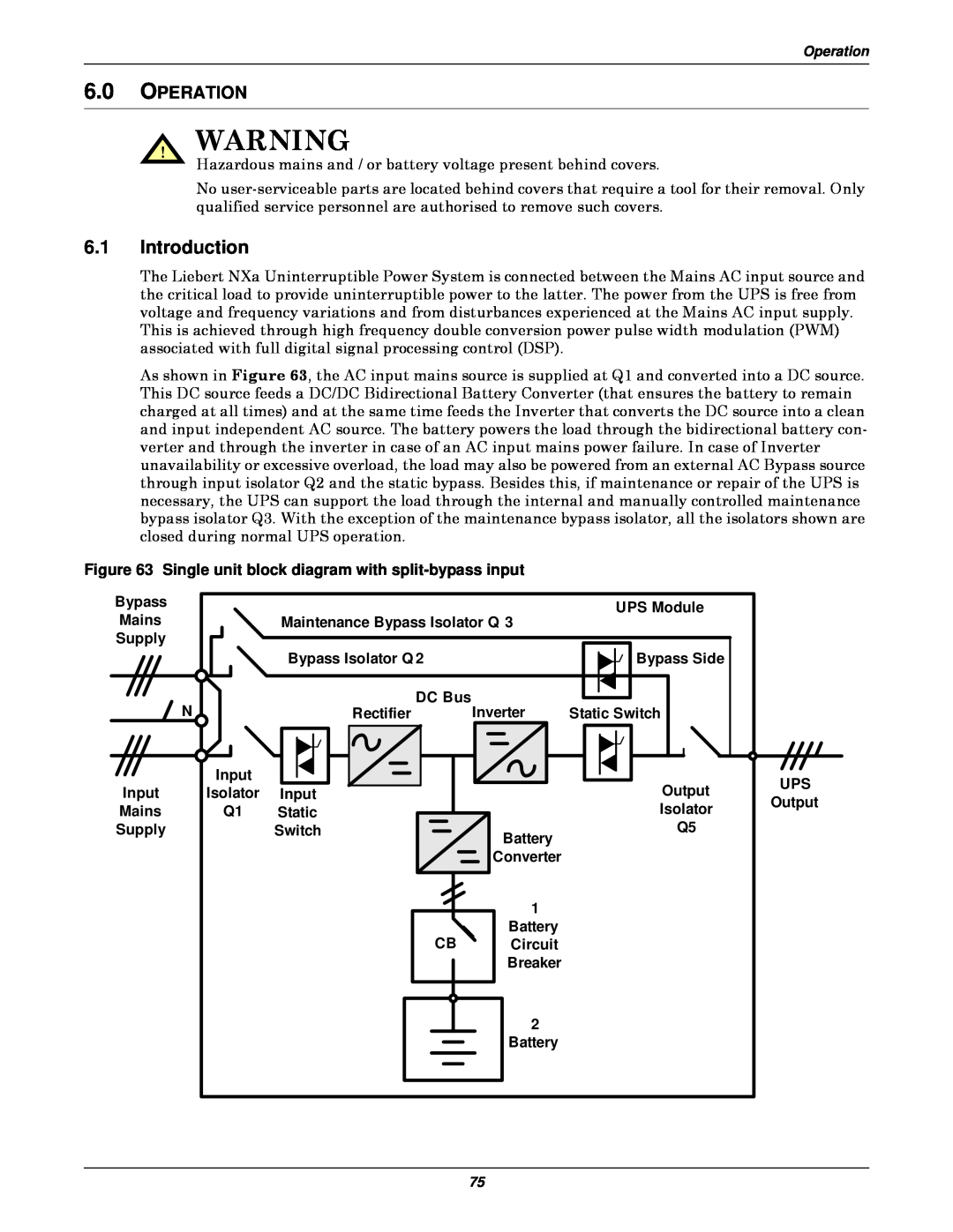 Emerson 50 and 60 Hz Introduction, Operation, Single unit block diagram with split-bypass input, Bypass Mains Supply N 