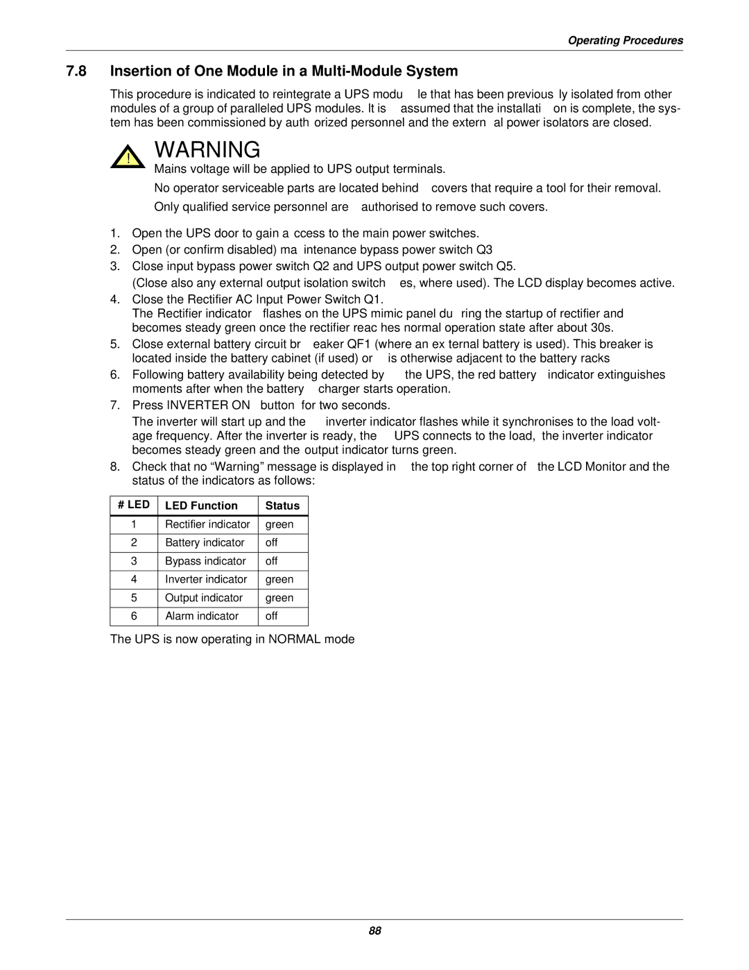 Emerson 400V, 50 and 60 Hz, 30-200kVA user manual Insertion of One Module in a Multi-Module System, LED Function Status 