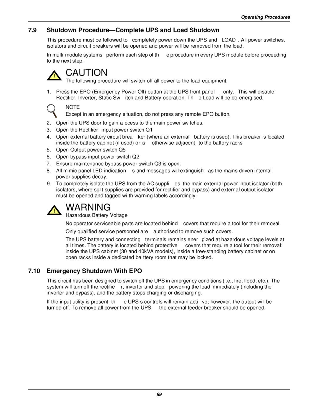 Emerson 30-200kVA, 50 and 60 Hz, 400V Shutdown Procedure-Complete UPS and Load Shutdown, Emergency Shutdown With EPO 