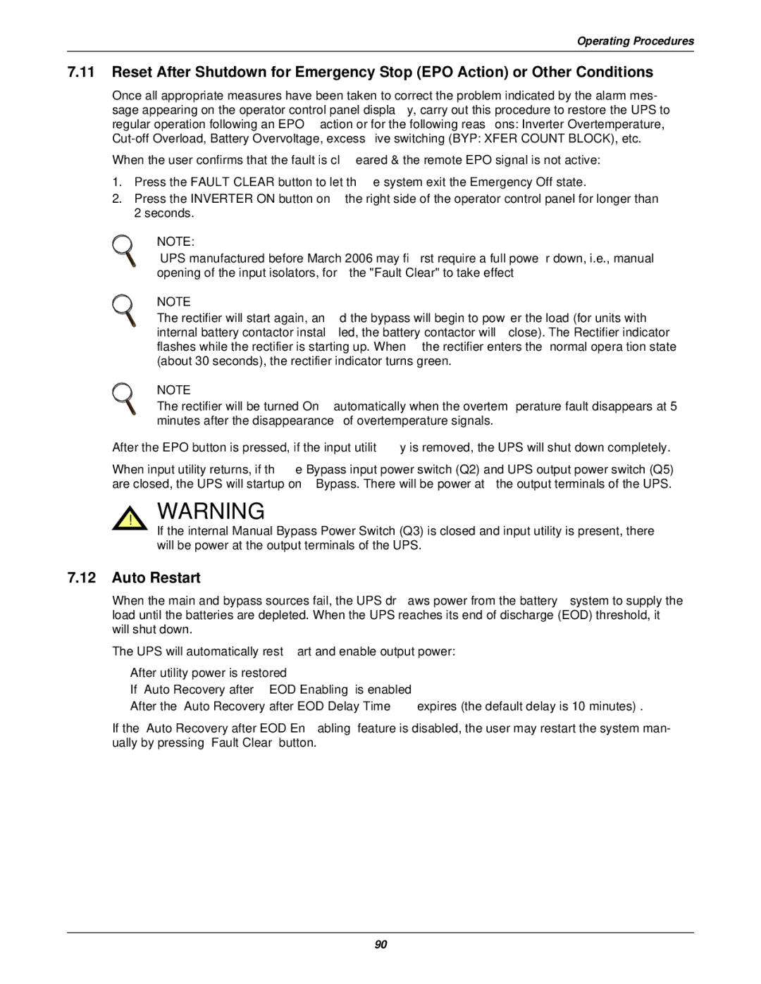 Emerson 50 and 60 Hz, 400V, 30-200kVA user manual Auto Restart 