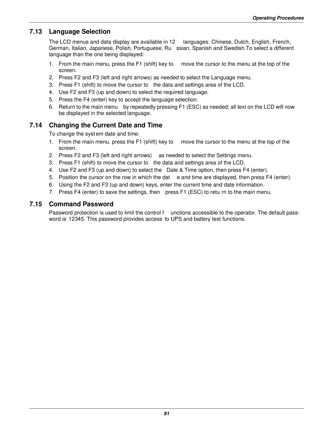 Emerson 400V, 50 and 60 Hz, 30-200kVA user manual Language Selection, Changing the Current Date and Time, Command Password 