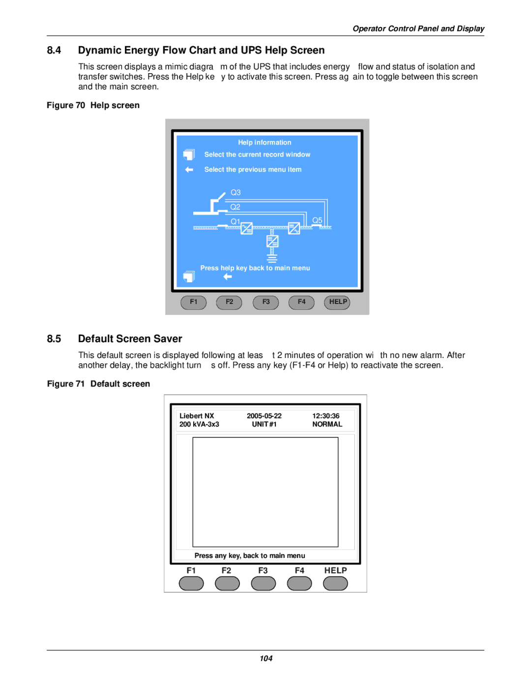 Emerson 30-200kVA, 50 and 60 Hz, 400V user manual Dynamic Energy Flow Chart and UPS Help Screen, Default Screen Saver 