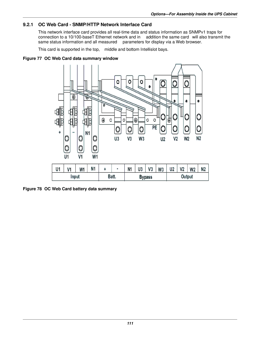 Emerson 50 and 60 Hz, 400V, 30-200kVA OC Web Card SNMP/HTTP Network Interface Card, OC Web Card data summary window 