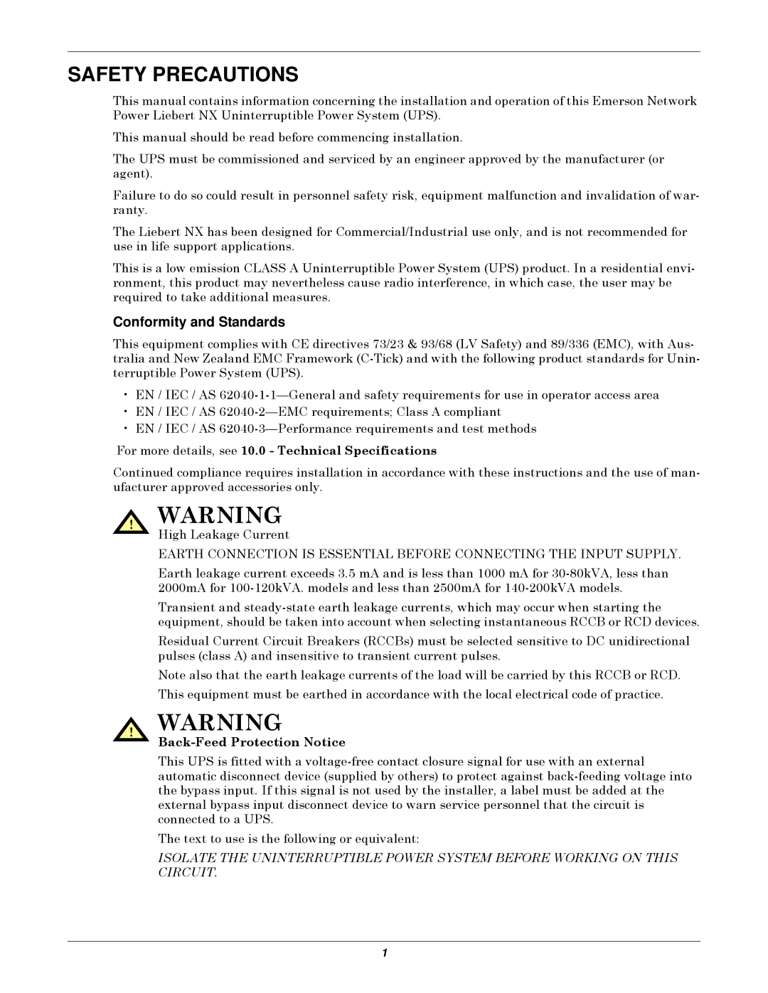 Emerson 400V Conformity and Standards, For more details, see 10.0 Technical Specifications, Back-Feed Protection Notice 