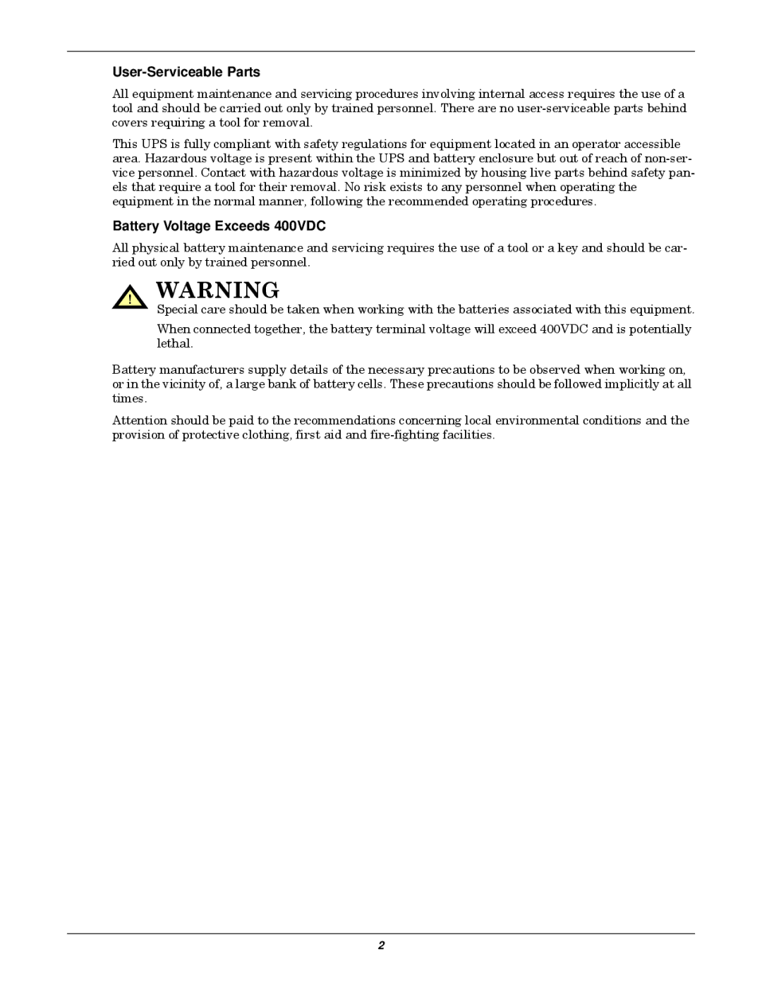 Emerson 30-200kVA, 50 and 60 Hz user manual User-Serviceable Parts, Battery Voltage Exceeds 400VDC 