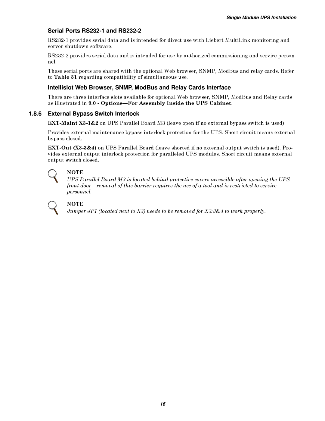 Emerson 400V, 50 and 60 Hz, 30-200kVA user manual Serial Ports RS232-1 and RS232-2, External Bypass Switch Interlock 