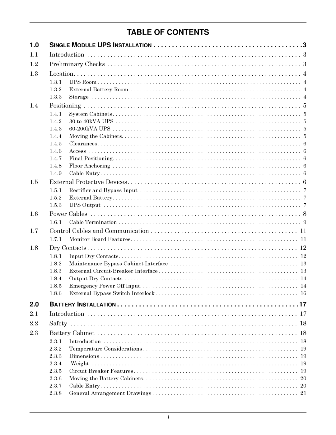 Emerson 50 and 60 Hz, 400V, 30-200kVA user manual Table of Contents 