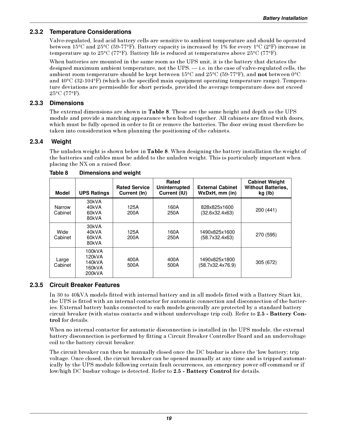 Emerson 400V, 50 and 60 Hz Temperature Considerations, Weight, Circuit Breaker Features, Dimensions and weight 