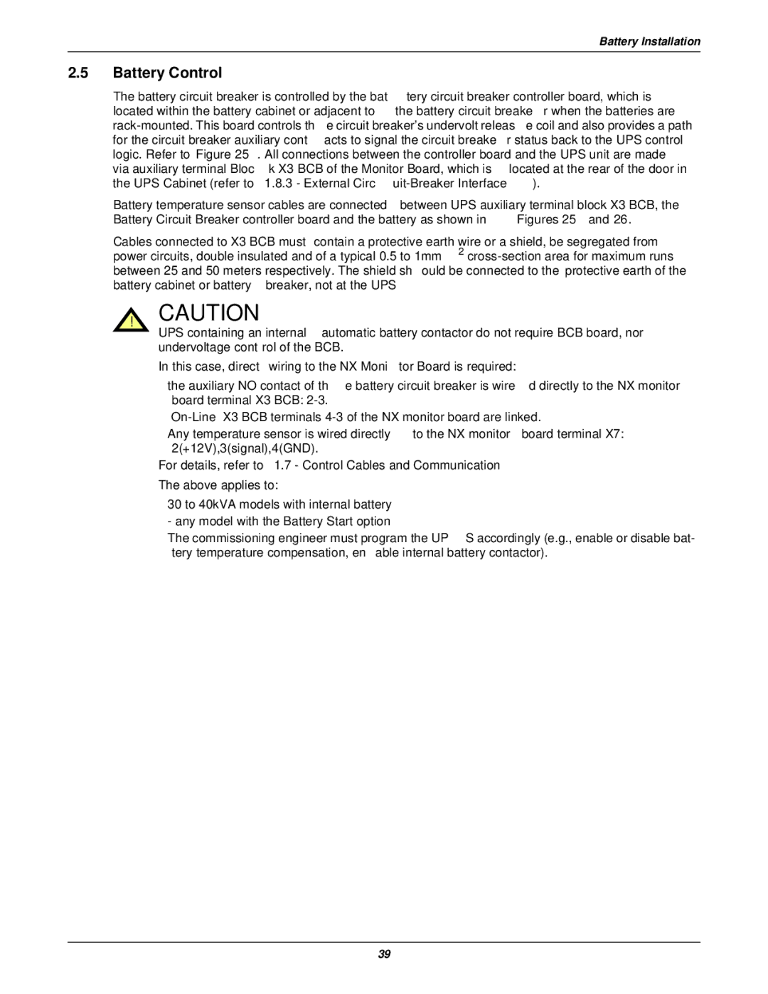 Emerson 50 and 60 Hz, 400V, 30-200kVA user manual Battery Control, For details, refer to 1.7 Control Cables and Communication 