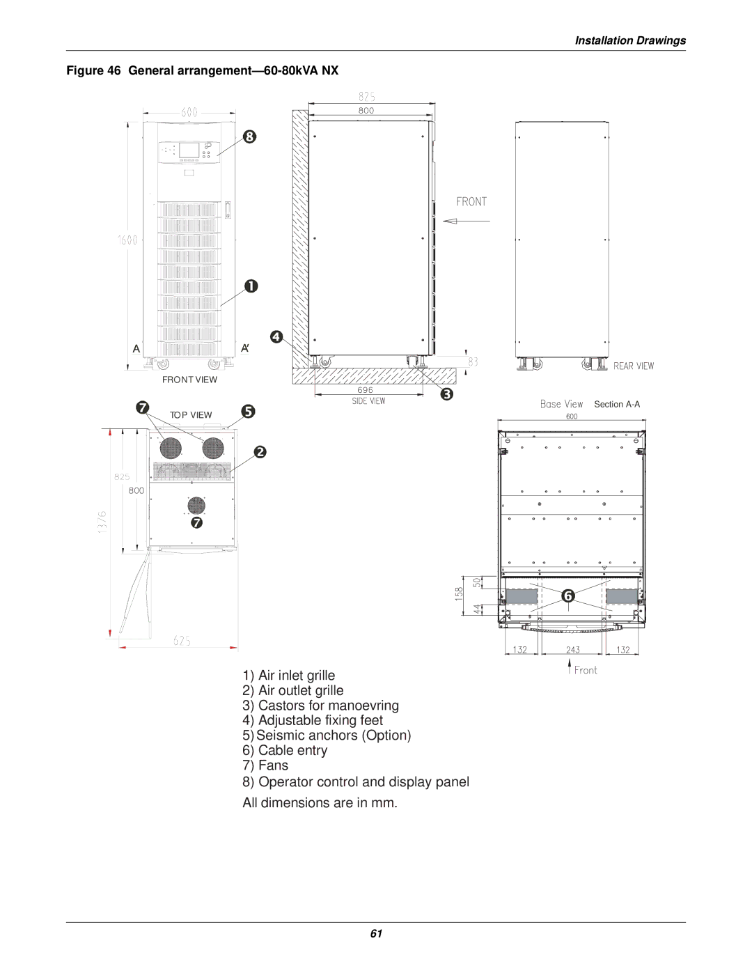 Emerson 400V, 50 and 60 Hz, 30-200kVA user manual General arrangement-60-80kVA NX 