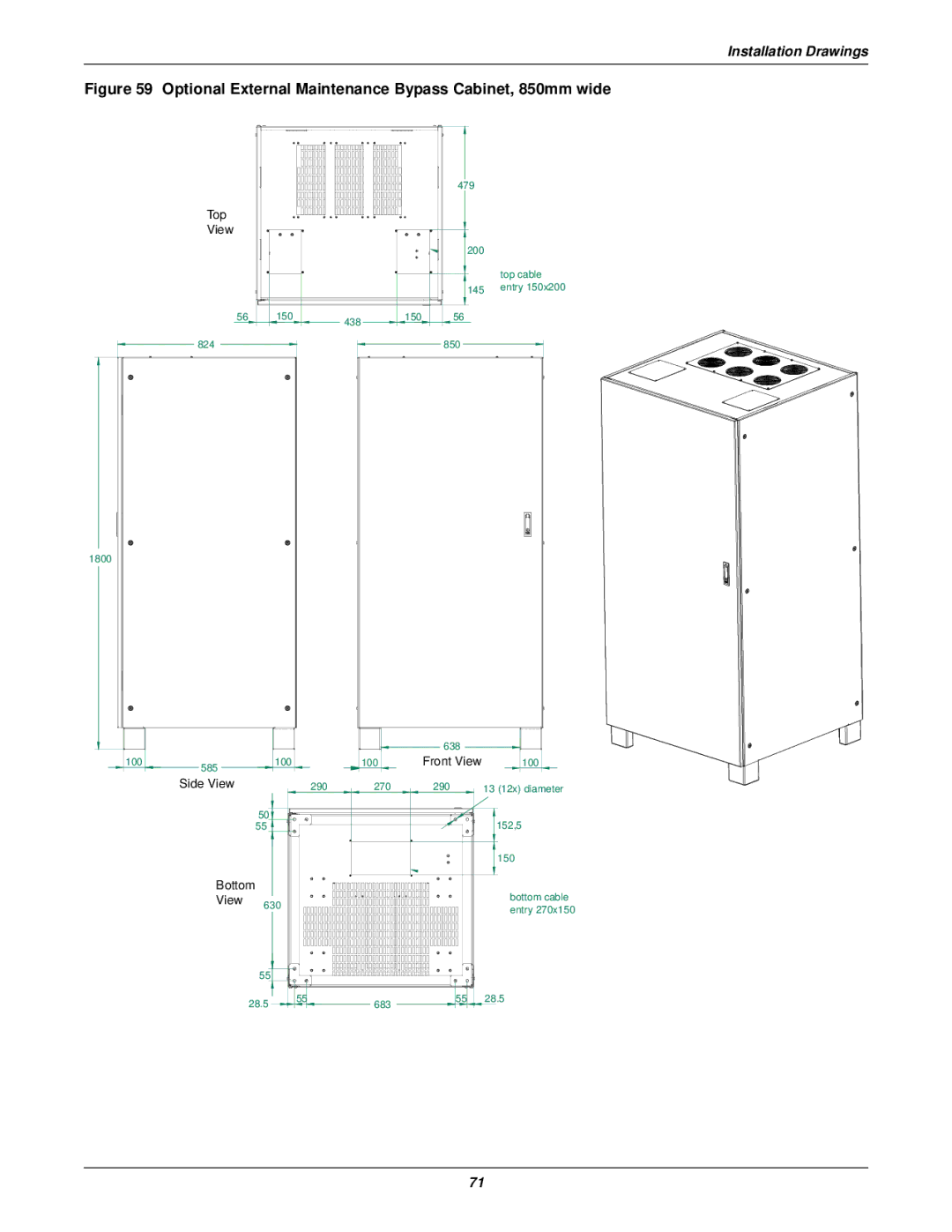 Emerson 30-200kVA, 50 and 60 Hz, 400V user manual Optional External Maintenance Bypass Cabinet, 850mm wide 