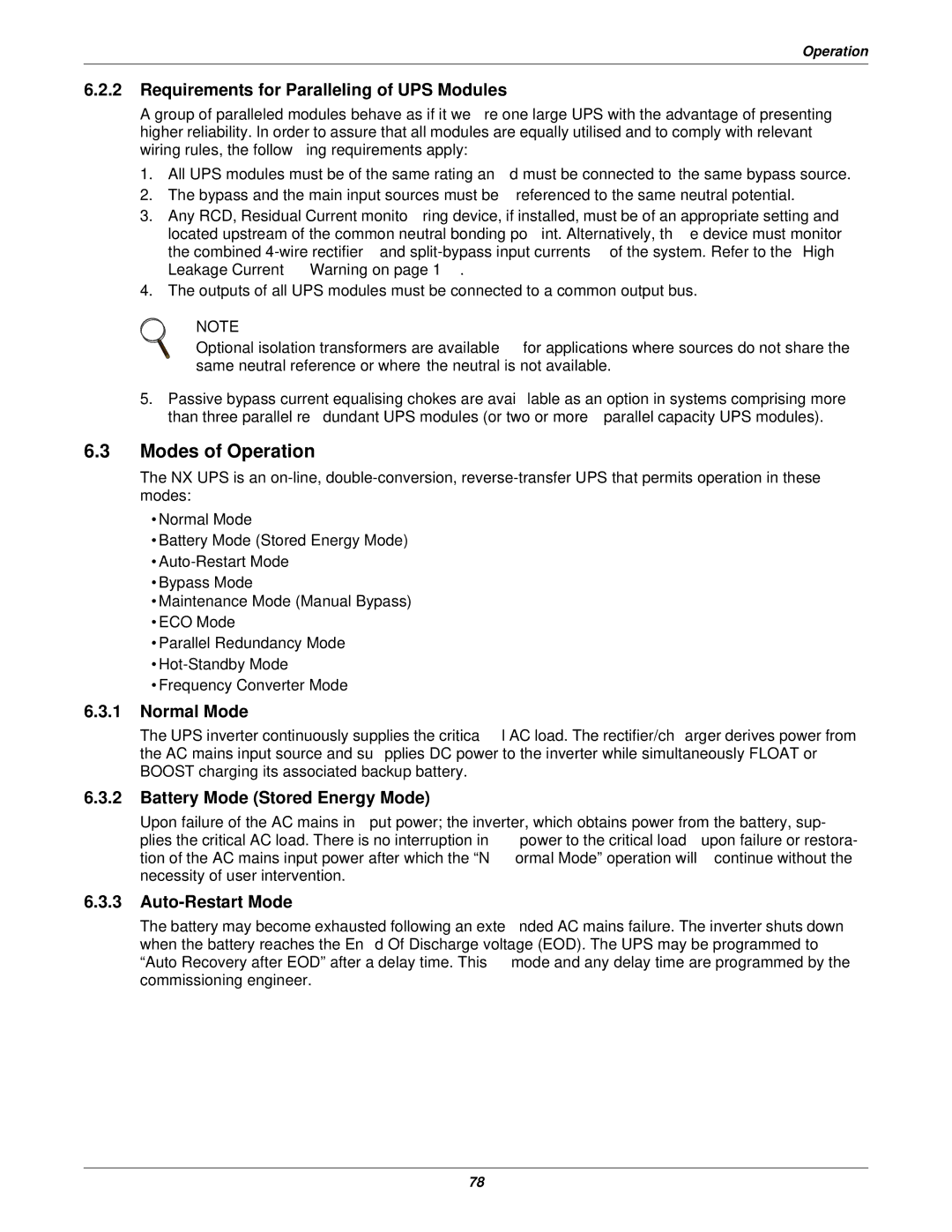 Emerson 50 and 60 Hz, 400V Modes of Operation, Requirements for Paralleling of UPS Modules, Normal Mode, Auto-Restart Mode 