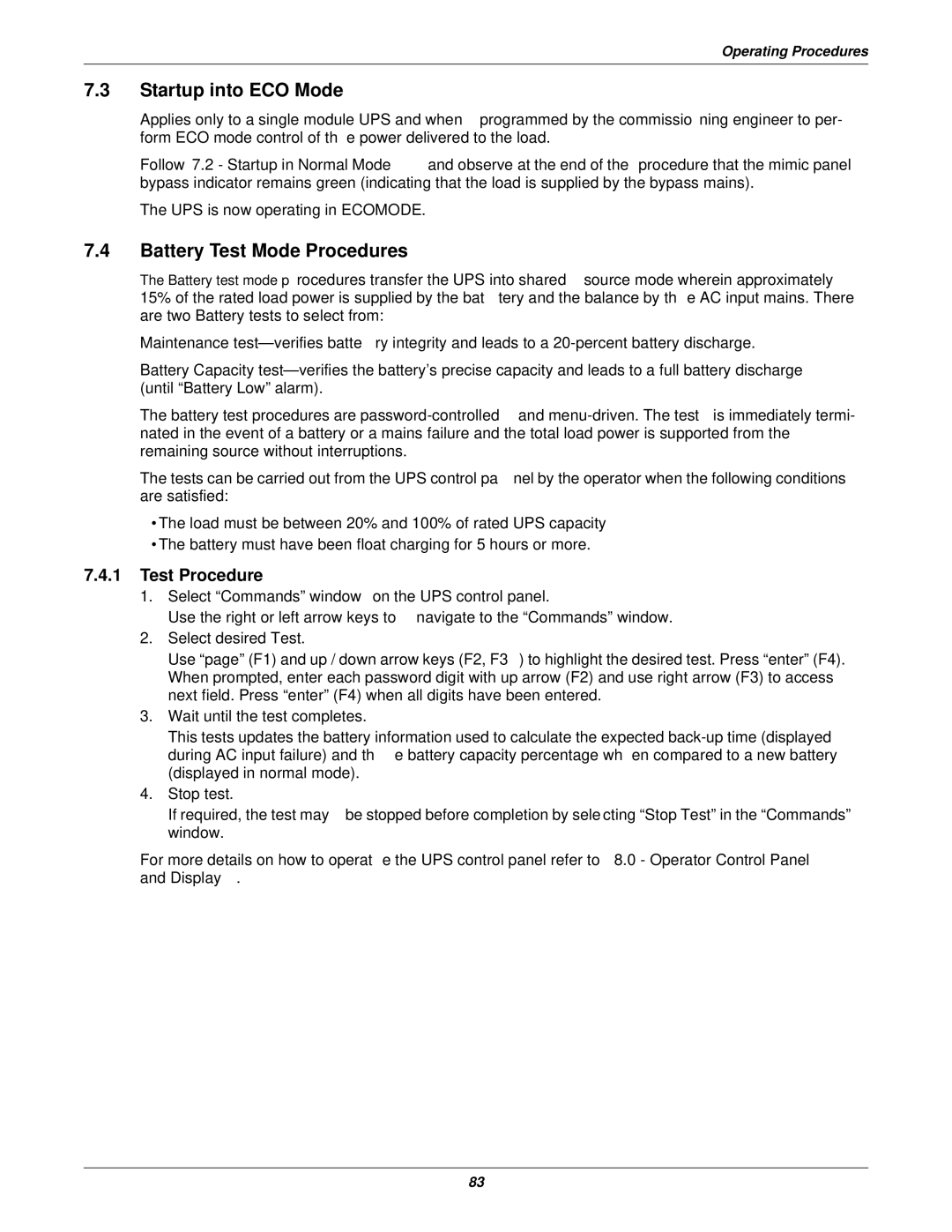 Emerson 30-200kVA, 50 and 60 Hz, 400V user manual Startup into ECO Mode, Battery Test Mode Procedures, Test Procedure 