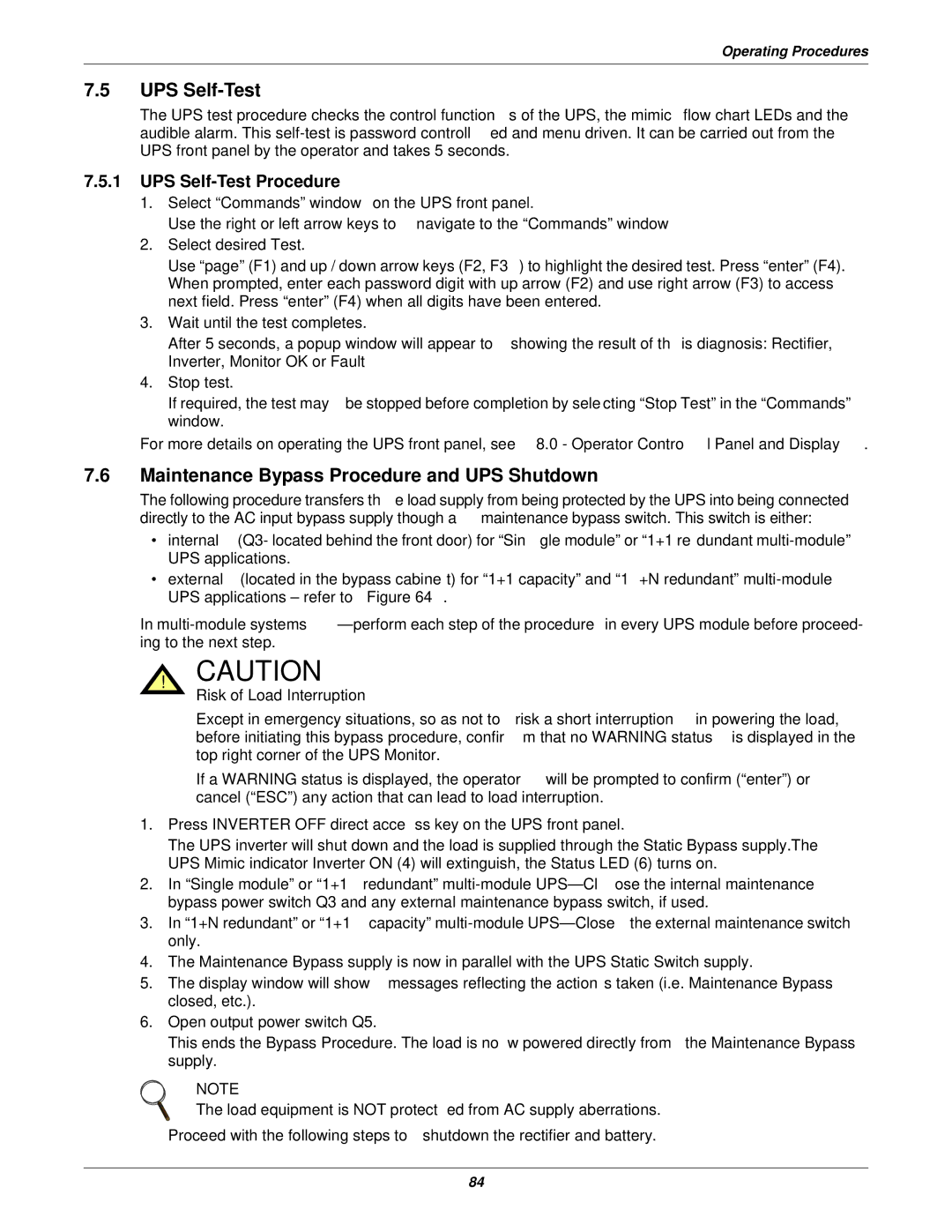 Emerson 50 and 60 Hz Maintenance Bypass Procedure and UPS Shutdown, UPS Self-Test Procedure, Risk of Load Interruption 