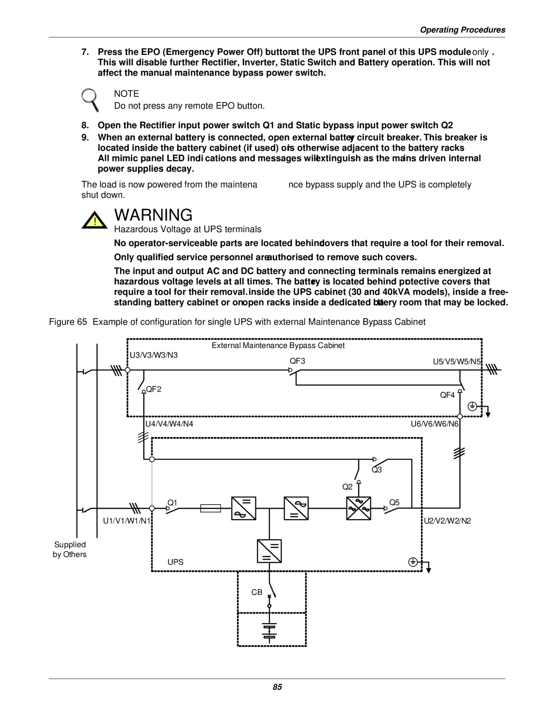 Emerson 400V, 50 and 60 Hz, 30-200kVA user manual Do not press any remote EPO button, External Maintenance Bypass Cabinet 