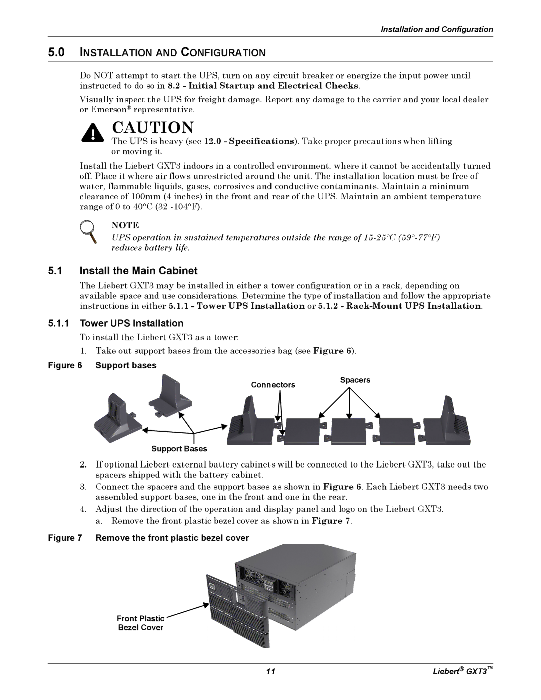 Emerson 230V Install the Main Cabinet, Installation and Configuration, Tower UPS Installation, Front Plastic Bezel Cover 