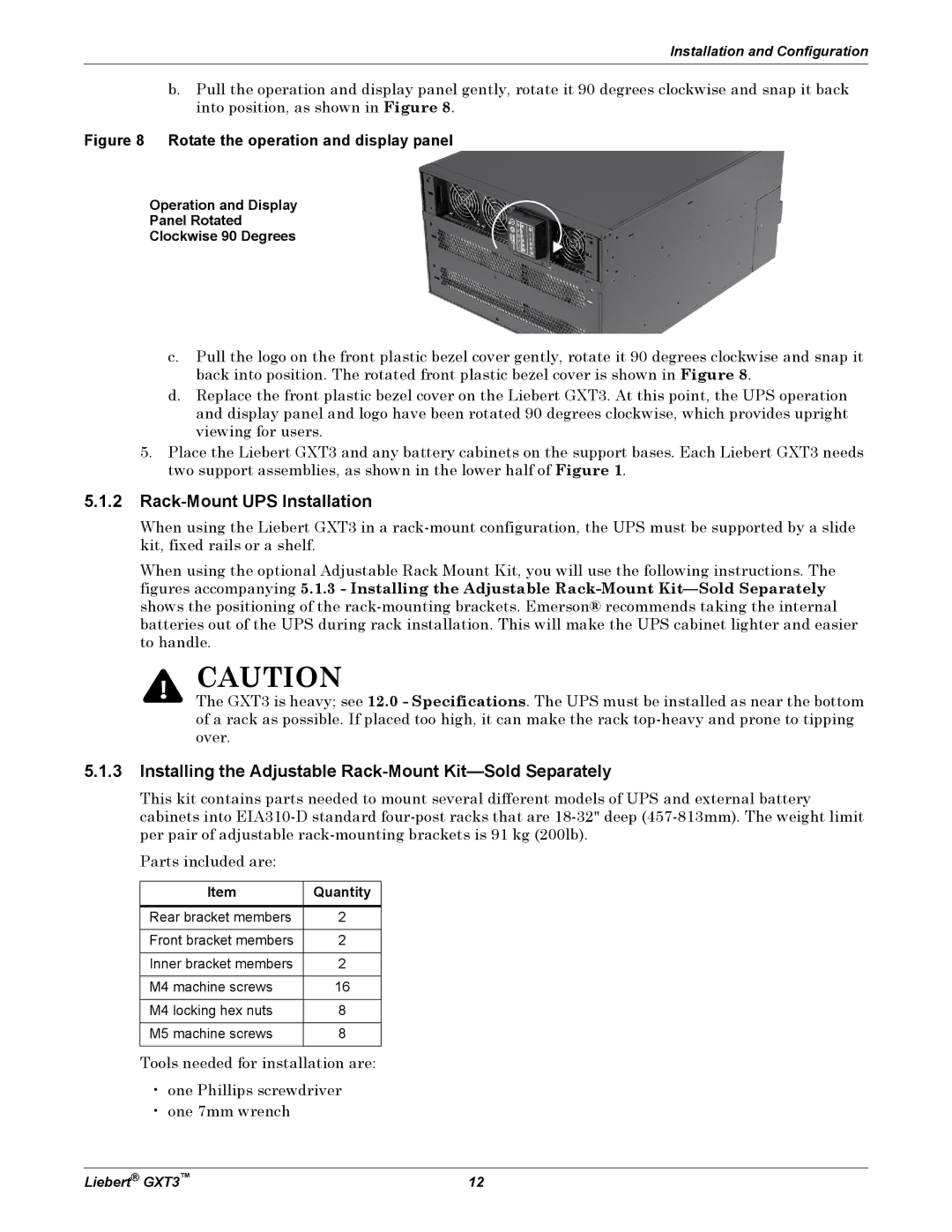 Emerson 5000-10, 000-VA Rack-Mount UPS Installation, Installing the Adjustable Rack-Mount Kit-Sold Separately, Quantity 