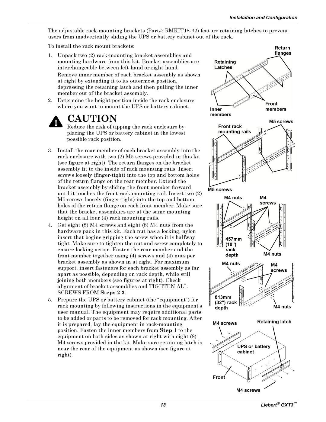 Emerson 000-VA, 5000-10, 230V user manual 813mm, Depth, Retaining latch, UPS or battery, Cabinet, Front M4 screws 