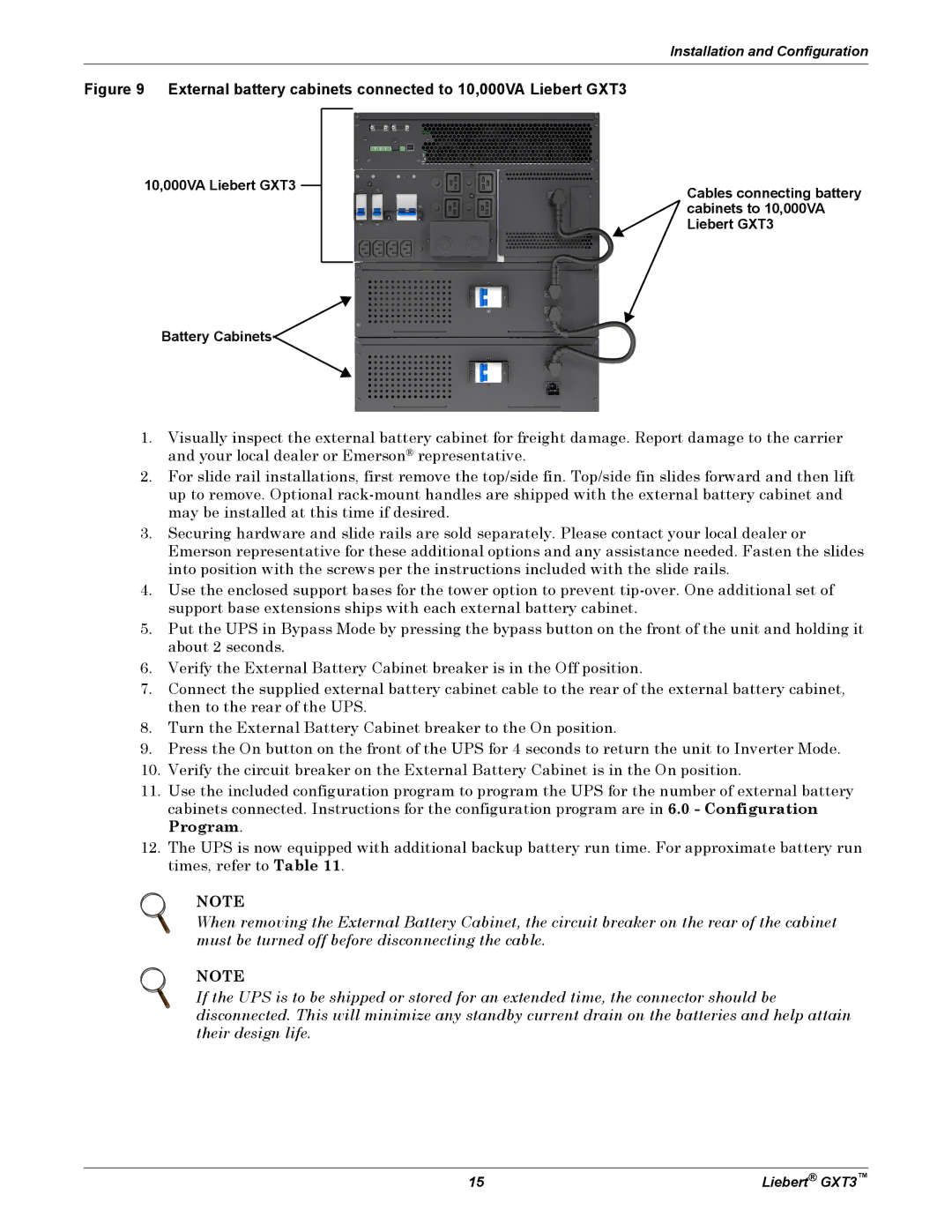 Emerson 5000-10, 000-VA, 230V user manual External battery cabinets connected to 10,000VA Liebert GXT3 