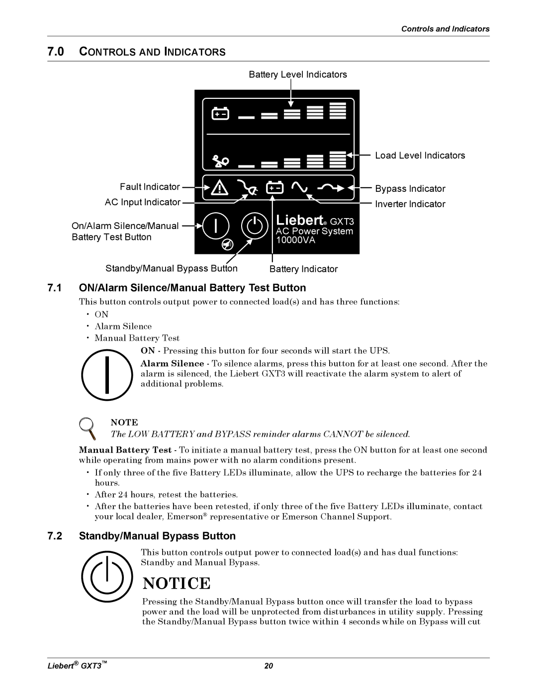 Emerson 230V, 5000-10 ON/Alarm Silence/Manual Battery Test Button, Standby/Manual Bypass Button, Controls and Indicators 