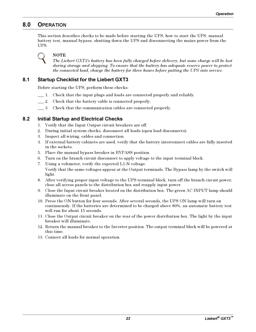 Emerson 230V, 5000-10, 000-VA Startup Checklist for the Liebert GXT3, Initial Startup and Electrical Checks, Operation 