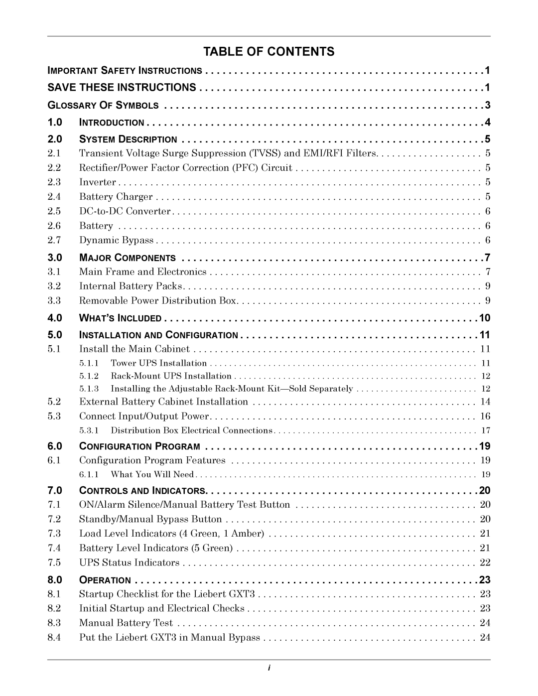 Emerson 5000-10, 000-VA, 230V user manual Table of Contents 