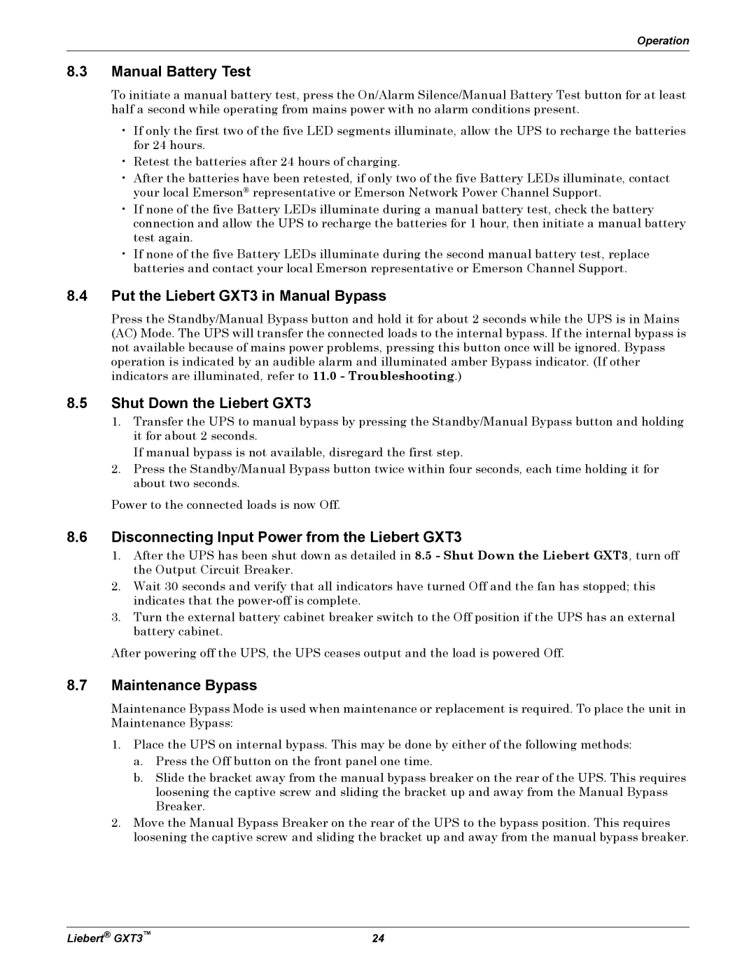 Emerson 5000-10 Manual Battery Test, Put the Liebert GXT3 in Manual Bypass, Shut Down the Liebert GXT3, Maintenance Bypass 