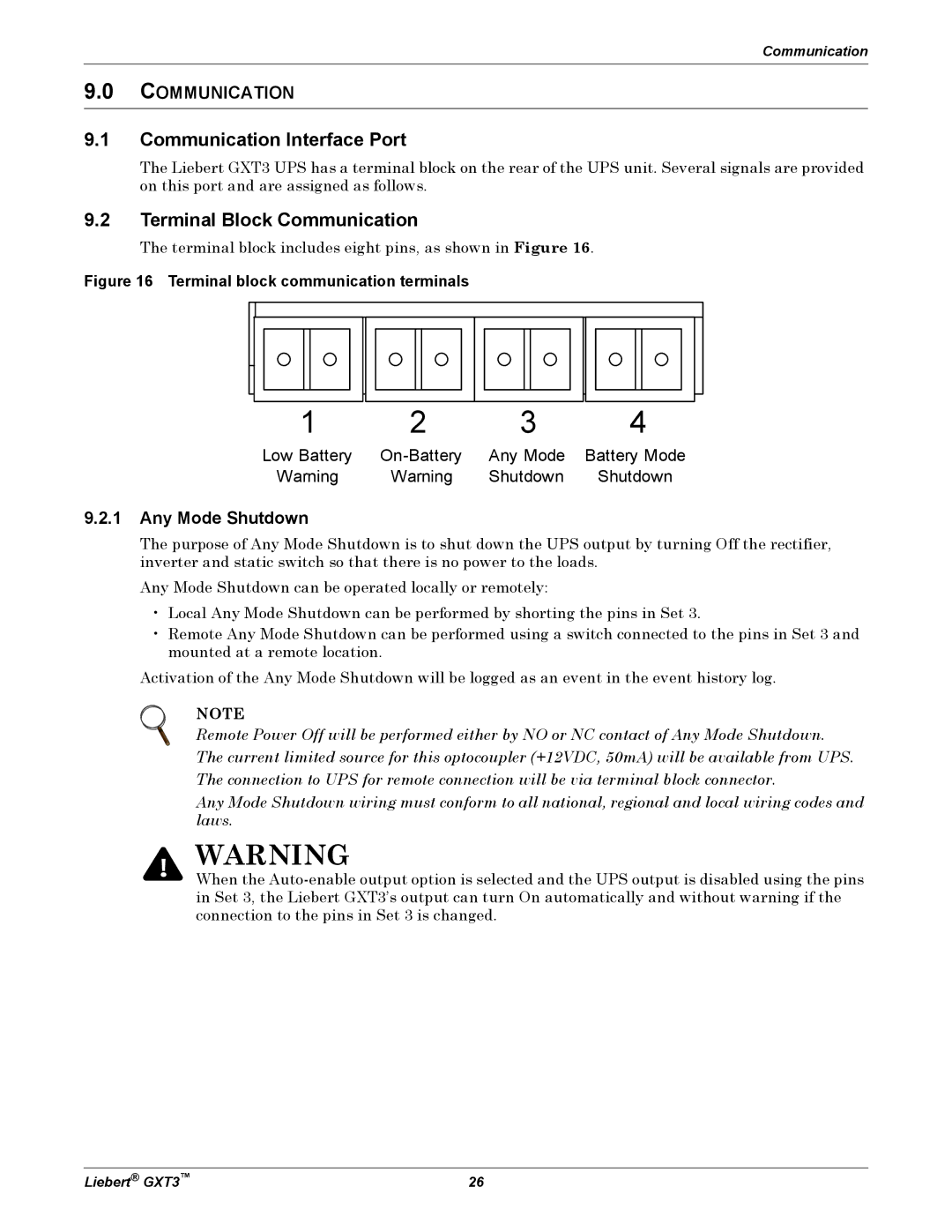 Emerson 230V, 5000-10, 000-VA user manual Communication Interface Port, Terminal Block Communication, Any Mode Shutdown 