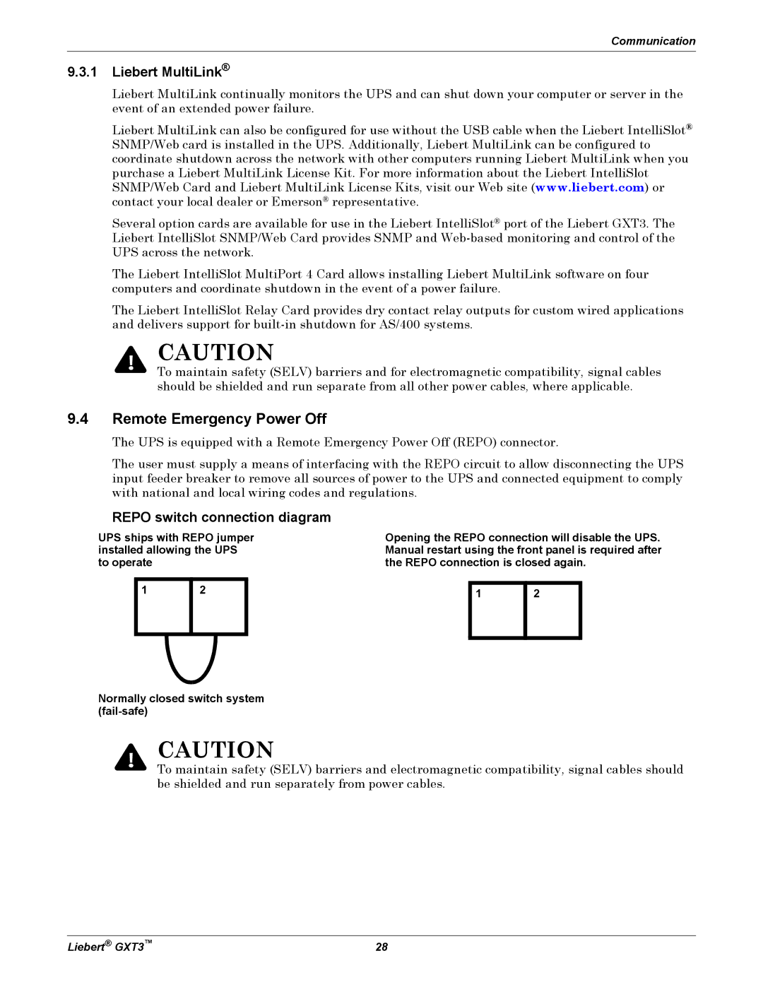 Emerson 000-VA, 5000-10, 230V user manual Remote Emergency Power Off, Liebert MultiLink, Repo switch connection diagram 