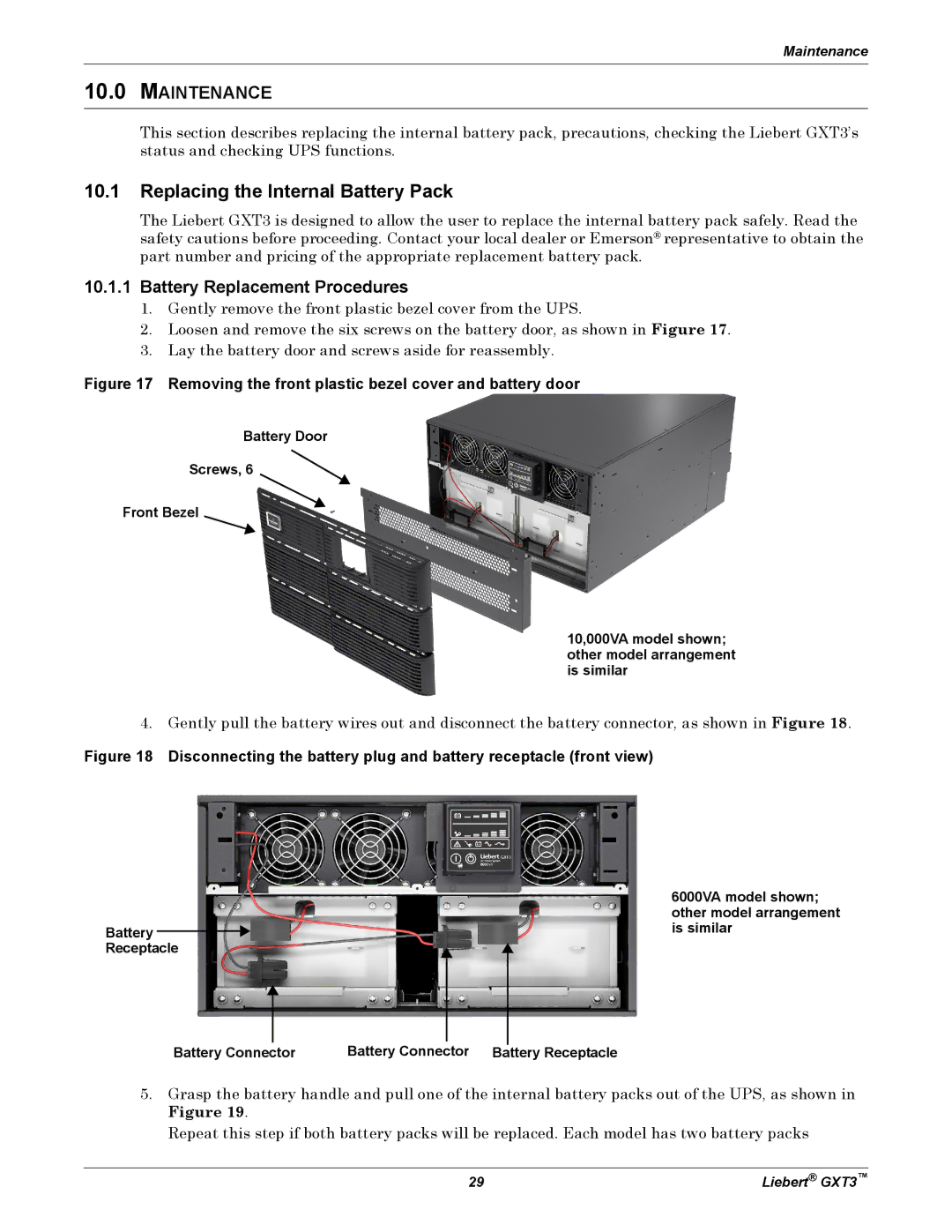 Emerson 230V, 5000-10 Replacing the Internal Battery Pack, Maintenance, Battery Replacement Procedures, 6000VA model shown 