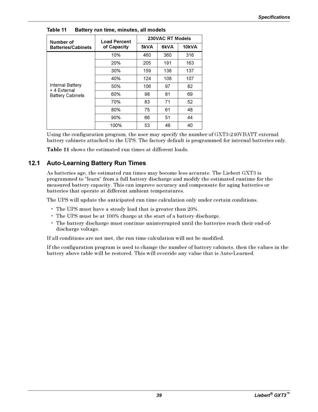 Emerson 5000-10, 000-VA, 230V user manual Auto-Learning Battery Run Times 