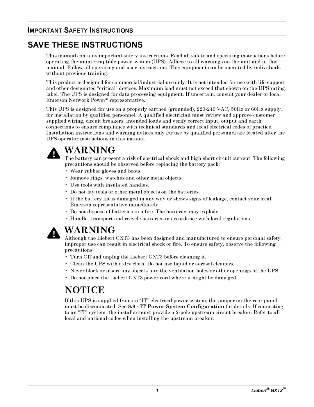 Emerson 000-VA, 5000-10, 230V user manual Important Safety Instructions 