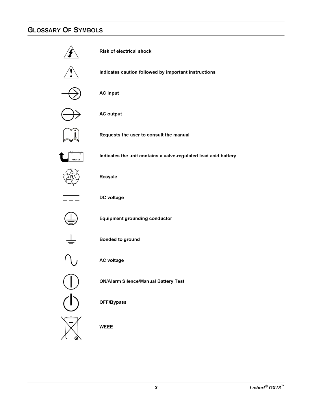 Emerson 5000-10, 000-VA, 230V user manual Glossary of Symbols 